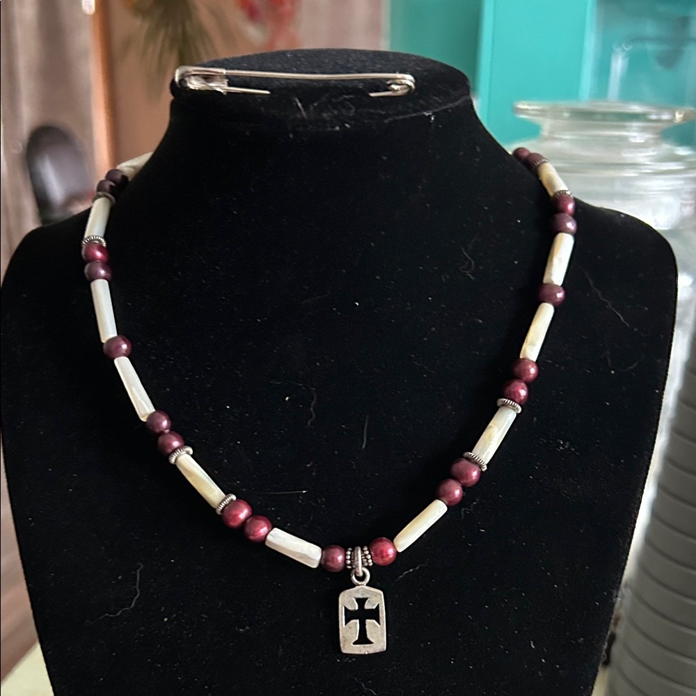 Vintage sterling silver mother of pearl and pearl Necklace with Cross Pendant